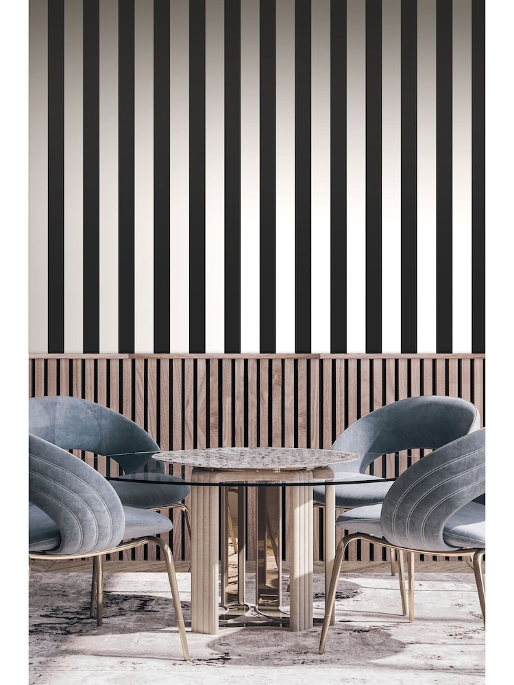 Style Sisters Black Flock Stripe A4 Wallpaper Sample - Image 1 of 4