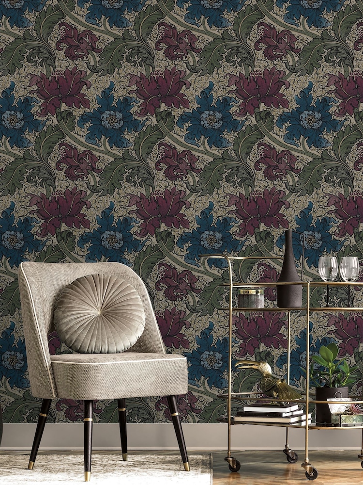 Laurence Llewelyn-Bowen Red Morris Major Floral Print A4 Wallpaper Sample - Image 1 of 4