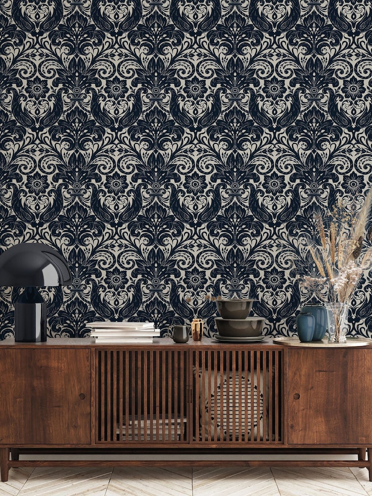 Laurence Llewelyn-Bowen Blue Damask Sauvage Flock A4 Wallpaper Sample - Image 1 of 5 Laurence Llewelyn-Bowen Blue Damask Sauvage Flock A4 Wallpaper Sample - Image 1 of 5