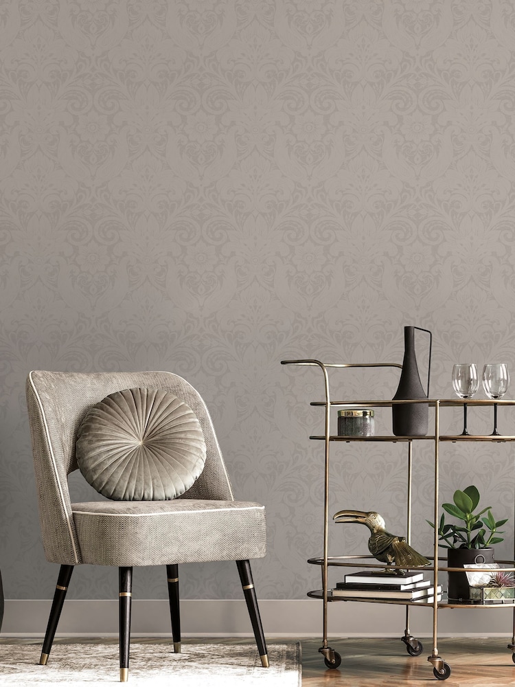 Laurence Llewelyn-Bowen Beige Damask Sauvage Flock A4 Wallpaper Sample - Image 1 of 6