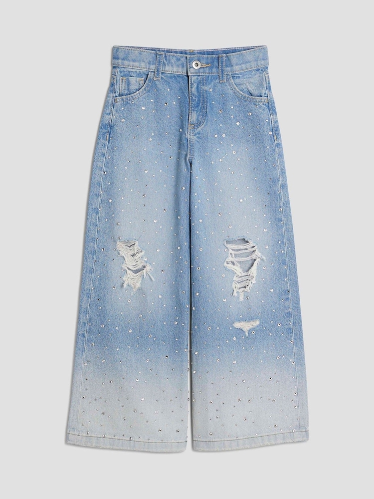 River Island Blue Girls Rip Diamante Ombre Wide Jeans - Image 1 of 4