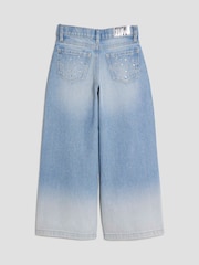 River Island Blue Girls Rip Diamante Ombre Wide Jeans - Image 2 of 4