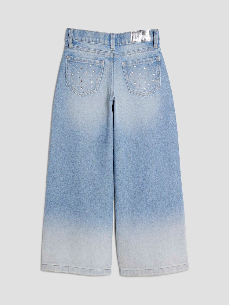 River Island Blue Girls Rip Diamante Ombre Wide Jeans - Image 2 of 4