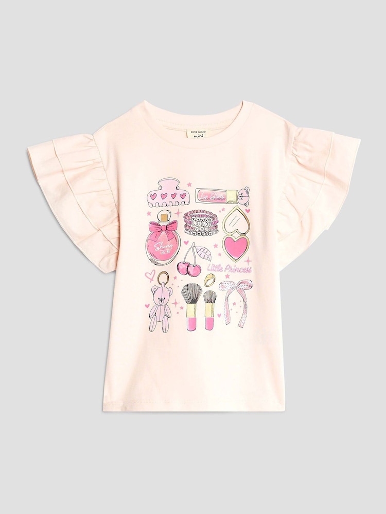 River Island Pink Girls Frill Sleeve Box Graphic Print T-Shirt - Image 1 of 5