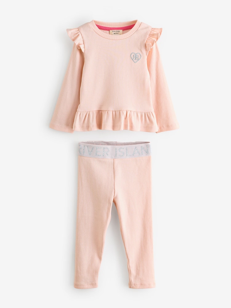 River Island Pink Girls Waist Band Rib Leggings Set - Image 1 of 1