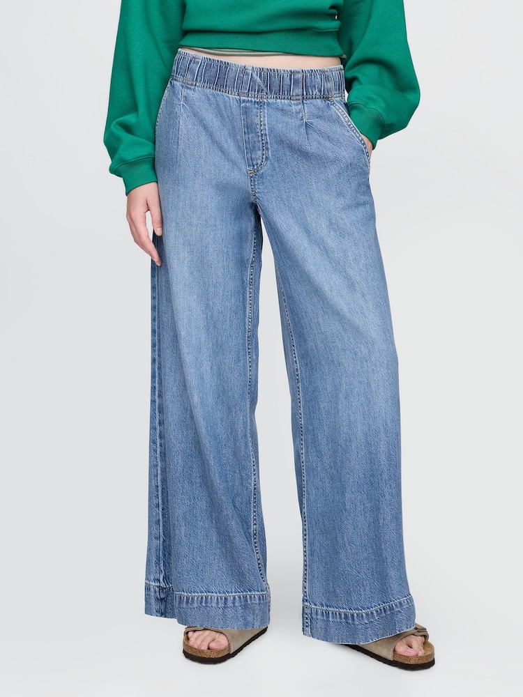 Gap Blue Mid Waist UltraSoft Pleated Easy Baggy Jeans - Image 1 of 6 Gap Blue Mid Waist UltraSoft Pleated Easy Baggy Jeans - Image 1 of 6