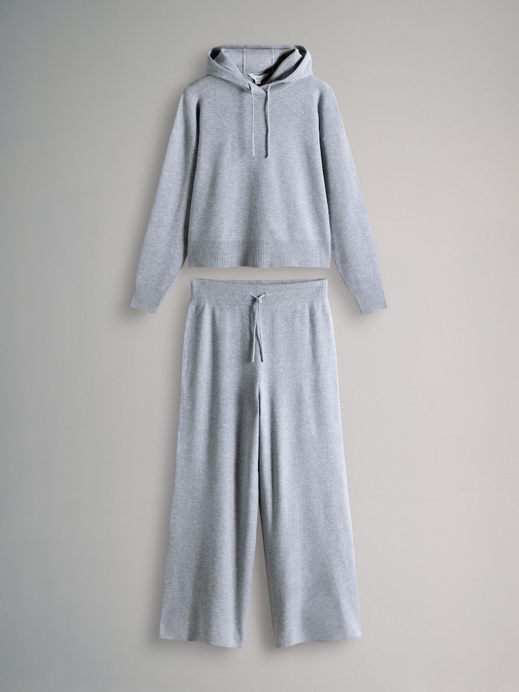 The Set Knitted Ribbed Hoodie and Wide Leg Trouser Co-ord Light Grey Marl - Image 1 of 5