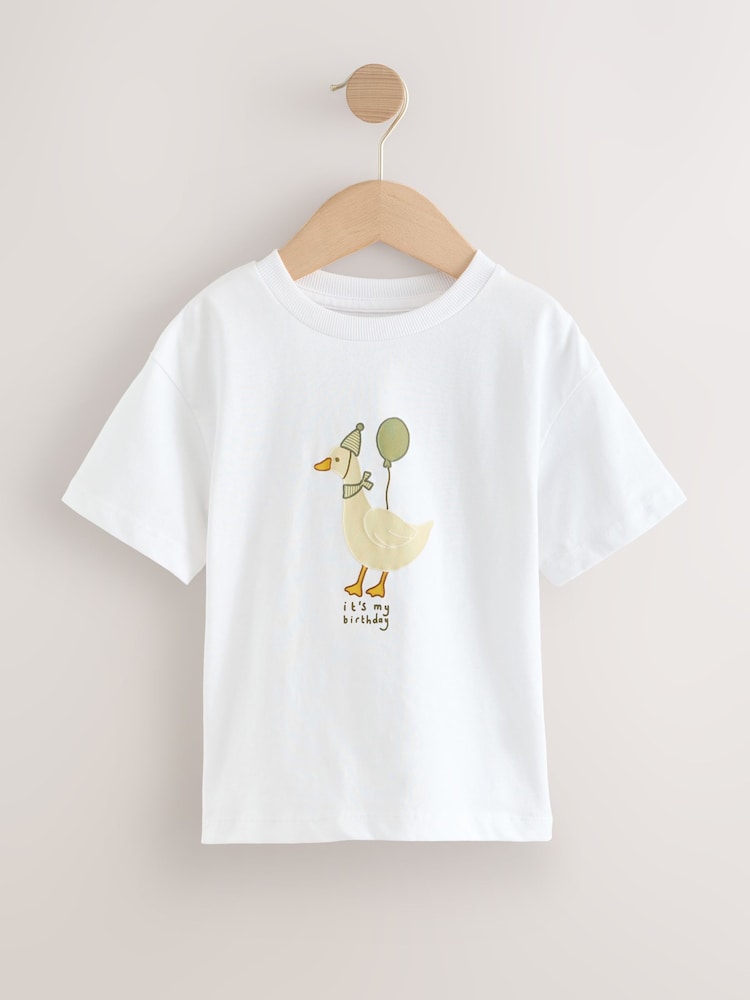 White Birthday Duck Short Sleeve Graphic Print T-Shirt (3mths-7yrs) - Image 1 of 4 White Birthday Duck Short Sleeve Graphic Print T-Shirt (3mths-7yrs) - Image 1 of 4