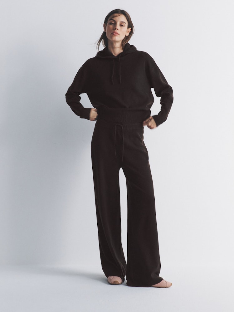 The Set Knitted Ribbed Hoodie and Wide Leg Trouser Co-ord Chocolate Brown - Image 1 of 6