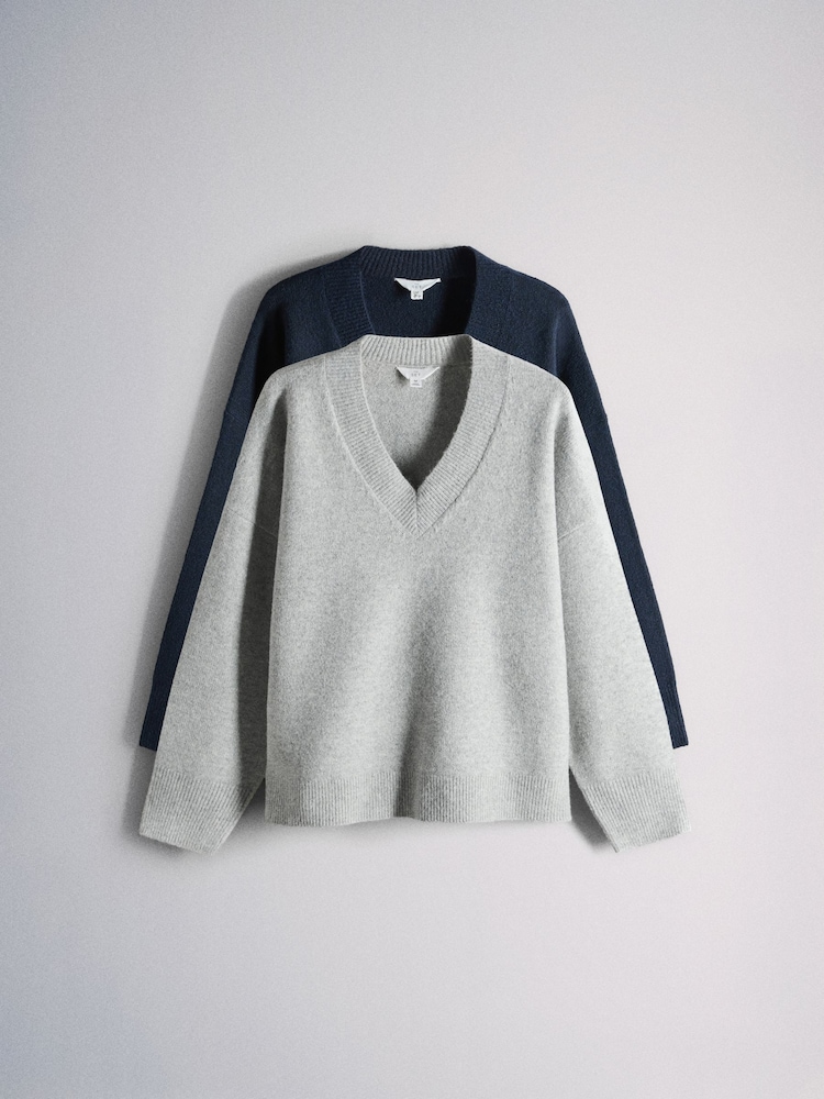 The Set 2 Pack 2 Pack Knitted V-Neck Jumpers With Wool Black/Grey Marl - Image 2 of 6