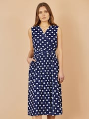 Yumi Blue Polka Dot Mesh Wrap Skater Dress With Pockets - Image 1 of 4