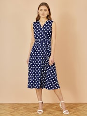 Yumi Blue Polka Dot Mesh Wrap Skater Dress With Pockets - Image 2 of 4