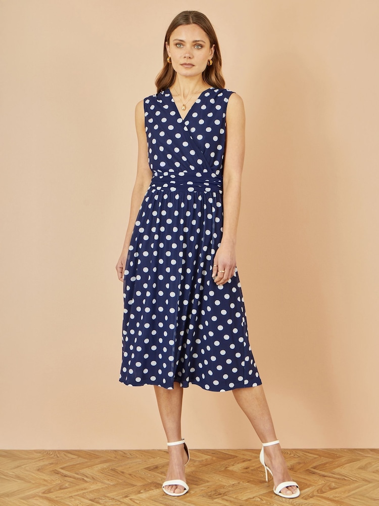Yumi Blue Polka Dot Mesh Wrap Skater Dress With Pockets - Image 2 of 4
