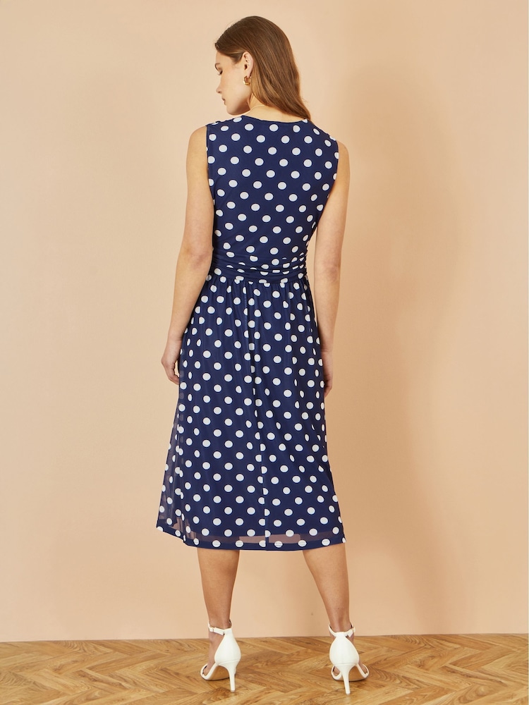 Yumi Blue Polka Dot Mesh Wrap Skater Dress With Pockets - Image 4 of 4