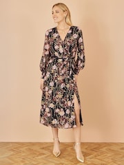 Yumi Black Foiled Floral Print Wrap Midi Dress - Image 2 of 4