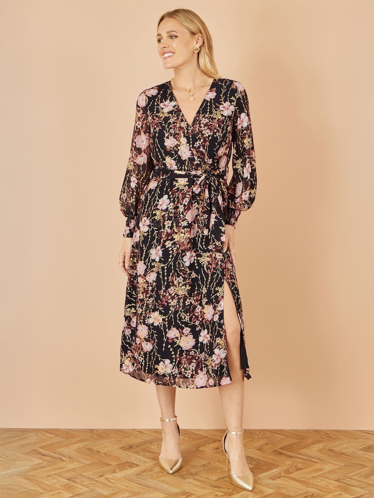 Yumi Black Foiled Floral Print Wrap Midi Dress - Image 2 of 4