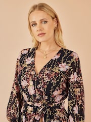 Yumi Black Foiled Floral Print Wrap Midi Dress - Image 3 of 4