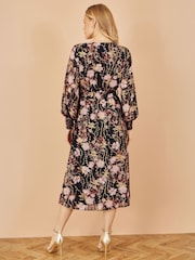 Yumi Black Foiled Floral Print Wrap Midi Dress - Image 4 of 4