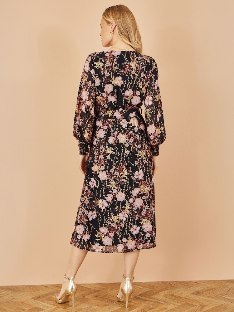 Yumi Black Foiled Floral Print Wrap Midi Dress - Image 4 of 4