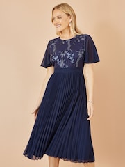 Yumi Blue Sequin Embellished Panel Pleated Midi Dress - Image 1 of 4