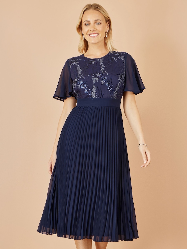 Yumi Blue Sequin Embellished Panel Pleated Midi Dress - Image 2 of 4