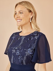 Yumi Blue Sequin Embellished Panel Pleated Midi Dress - Image 3 of 4