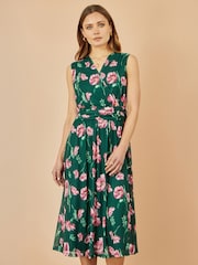 Yumi Green Floral Print Mesh Stretch Midi Dress With Pockets - Image 1 of 4