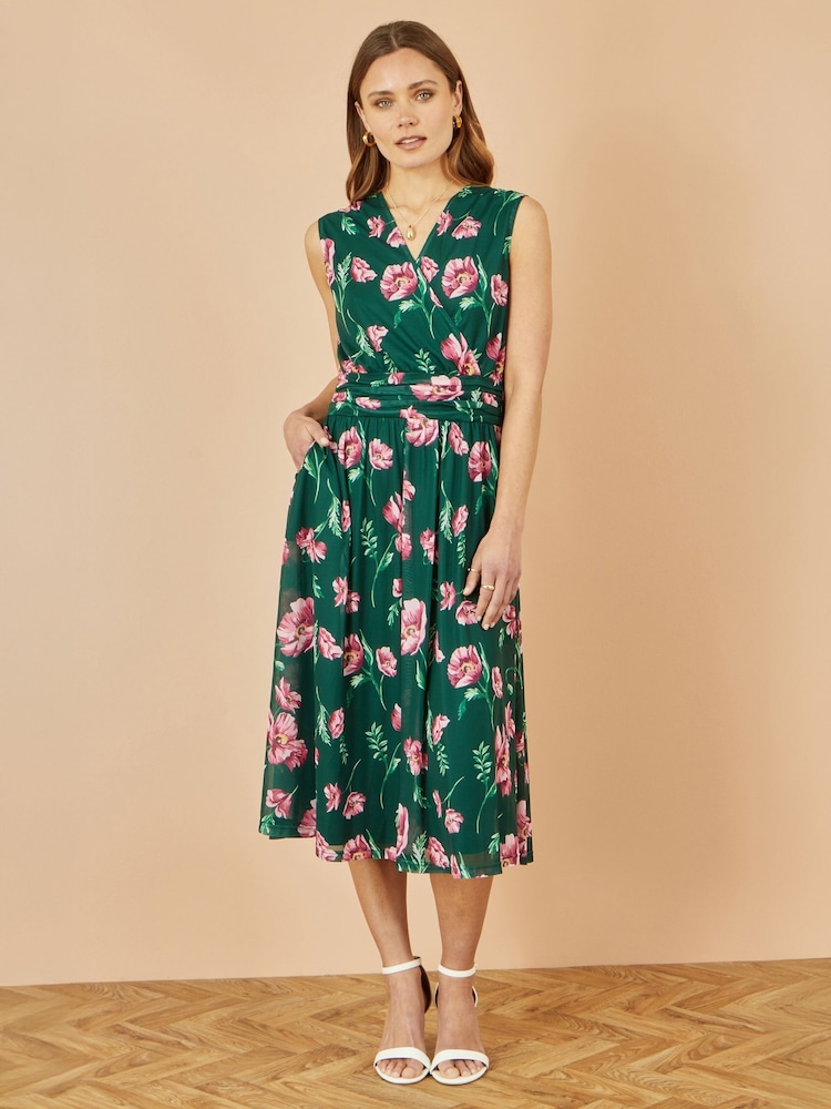 Yumi Green Floral Print Mesh Stretch Midi Dress With Pockets - Image 2 of 4
