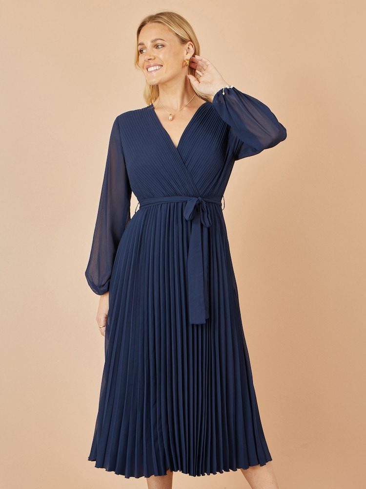 Yumi Blue Pleated Wrap Midi Dress With Sheer Long Sleeves - Image 1 of 4