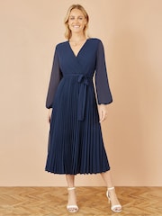 Yumi Blue Pleated Wrap Midi Dress With Sheer Long Sleeves - Image 2 of 4