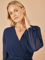 Yumi Blue Pleated Wrap Midi Dress With Sheer Long Sleeves - Image 3 of 4