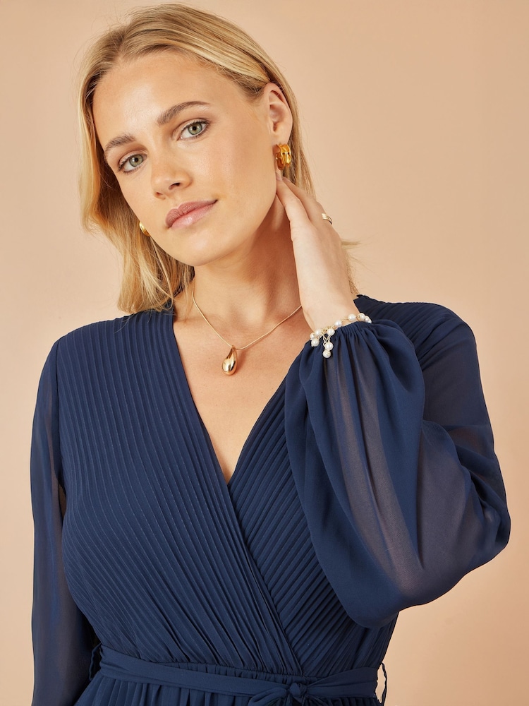 Buy Yumi Blue Pleated Wrap Midi Dress With Sheer Long Sleeves from