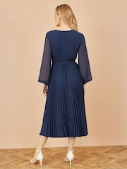 Yumi Blue Pleated Wrap Midi Dress With Sheer Long Sleeves - Image 4 of 4