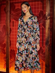 Yumi Black Floral Print Foil Ruched Midi Dress With Split Hemline - Image 1 of 5