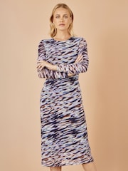 Yumi Grey Abstract Stripe Ruched Bodycon Midi Dress - Image 1 of 5