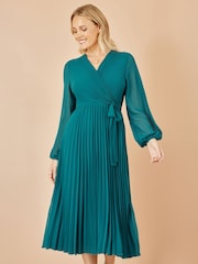 Yumi Light Blue Pleated Wrap Midi Dress With Sheer Long Sleeves - Image 1 of 3