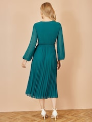 Yumi Light Blue Pleated Wrap Midi Dress With Sheer Long Sleeves - Image 2 of 3