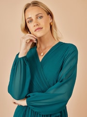 Yumi Teal Blue Pleated Wrap Midi Dress With Sheer Long Sleeves - Image 4 of 4