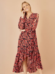 Yumi Rose Print Dipped Hemline Midi Dress With Open Long Sleeves - Imagem 1 de 5