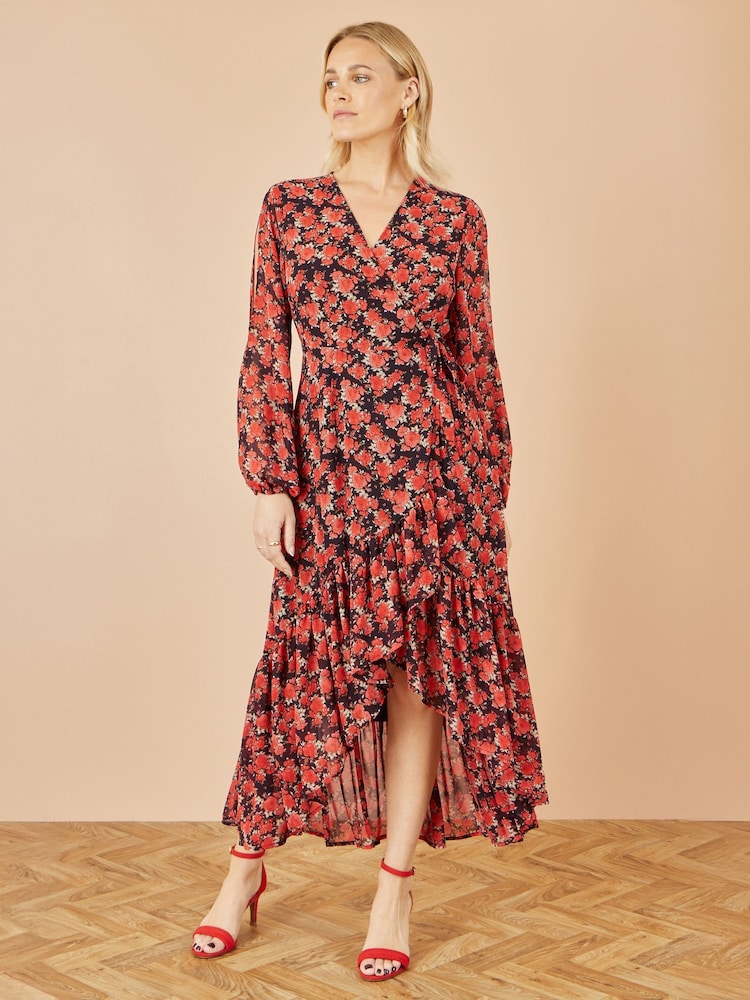 Yumi Rose Print Dipped Hemline Midi Dress With Open Long Sleeves - Imagem 2 de 5