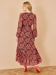 Yumi Rose Print Dipped Hemline Midi Dress With Open Long Sleeves - Imagem 4 de 5