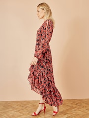Yumi Rose Print Dipped Hemline Midi Dress With Open Long Sleeves - Imagem 5 de 5