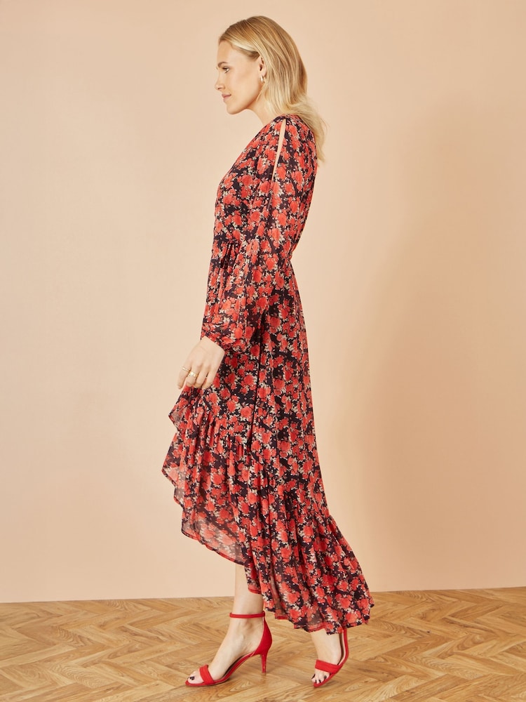 Yumi Rose Print Dipped Hemline Midi Dress With Open Long Sleeves - Imagem 5 de 5