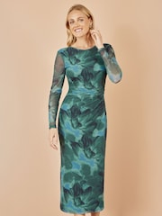 Yumi Green Floral Print Mesh Bodycon Dress With Tie Back - Image 1 of 5
