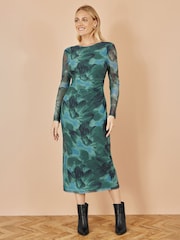 Yumi Green Floral Print Mesh Bodycon Dress With Tie Back - Image 2 of 5
