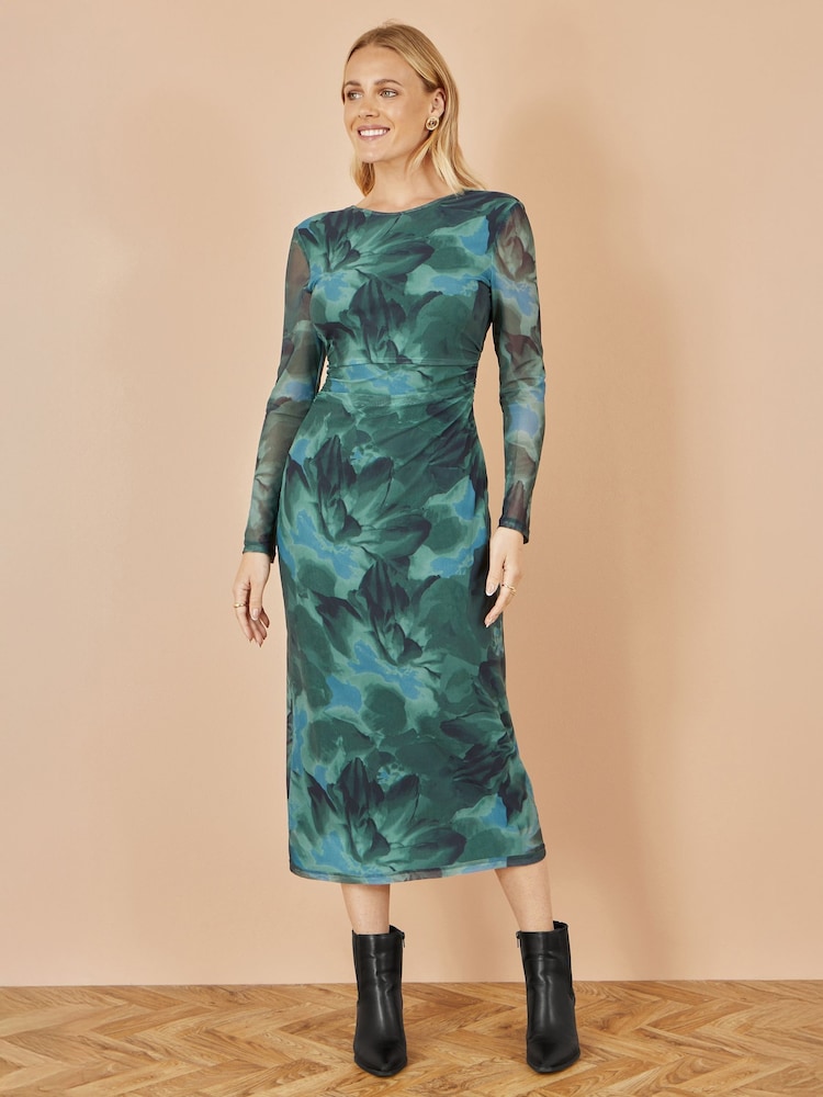 Yumi Green Floral Print Mesh Bodycon Dress With Tie Back - Image 2 of 5