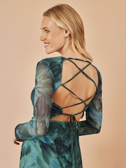 Yumi Green Floral Print Mesh Bodycon Dress With Tie Back - Image 3 of 5