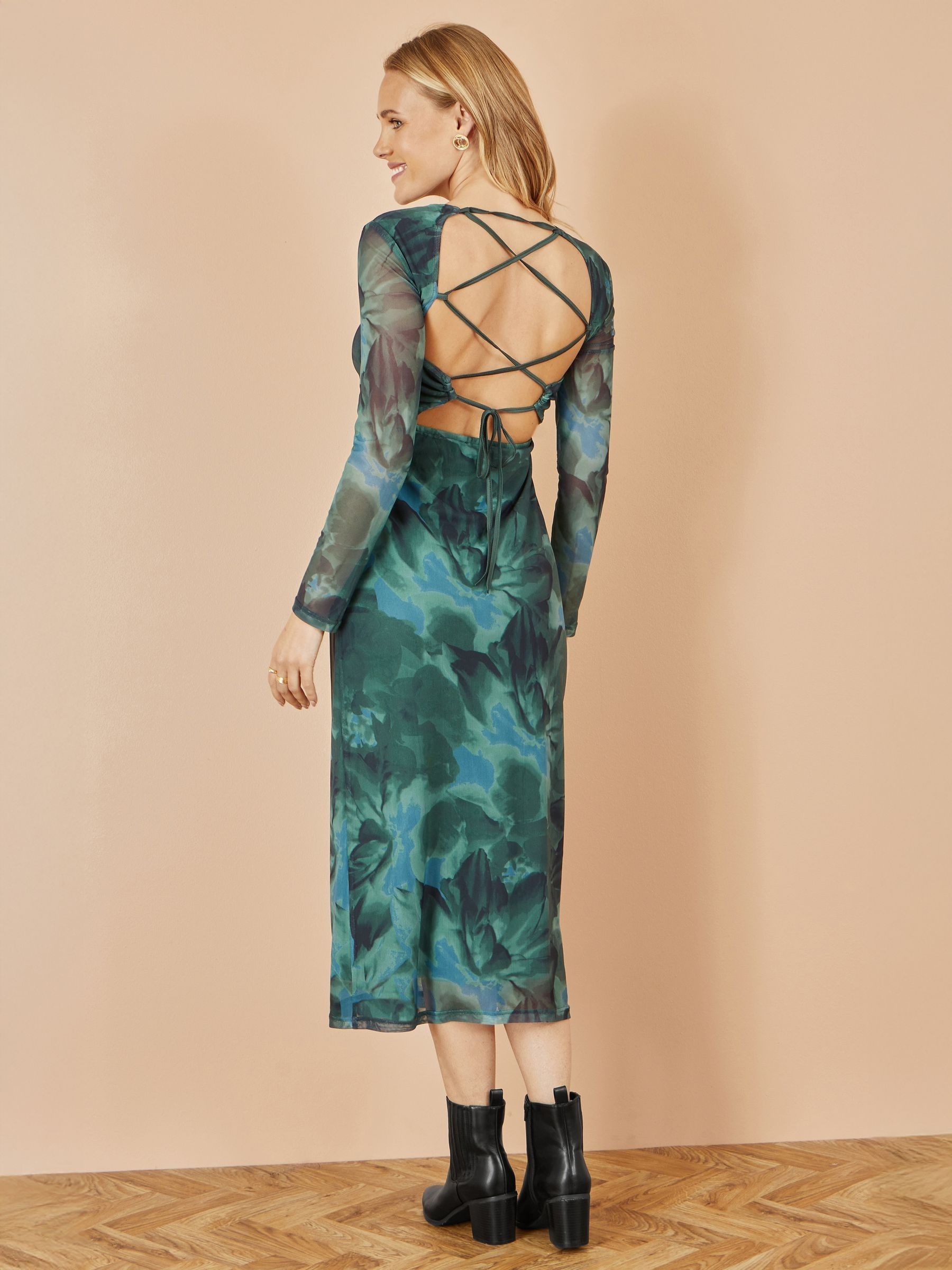 Buy Yumi Green Floral Print Mesh Bodycon Dress With Tie Back from