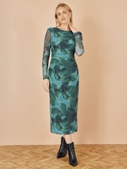 Yumi Green Floral Print Mesh Bodycon Dress With Tie Back - Image 5 of 5