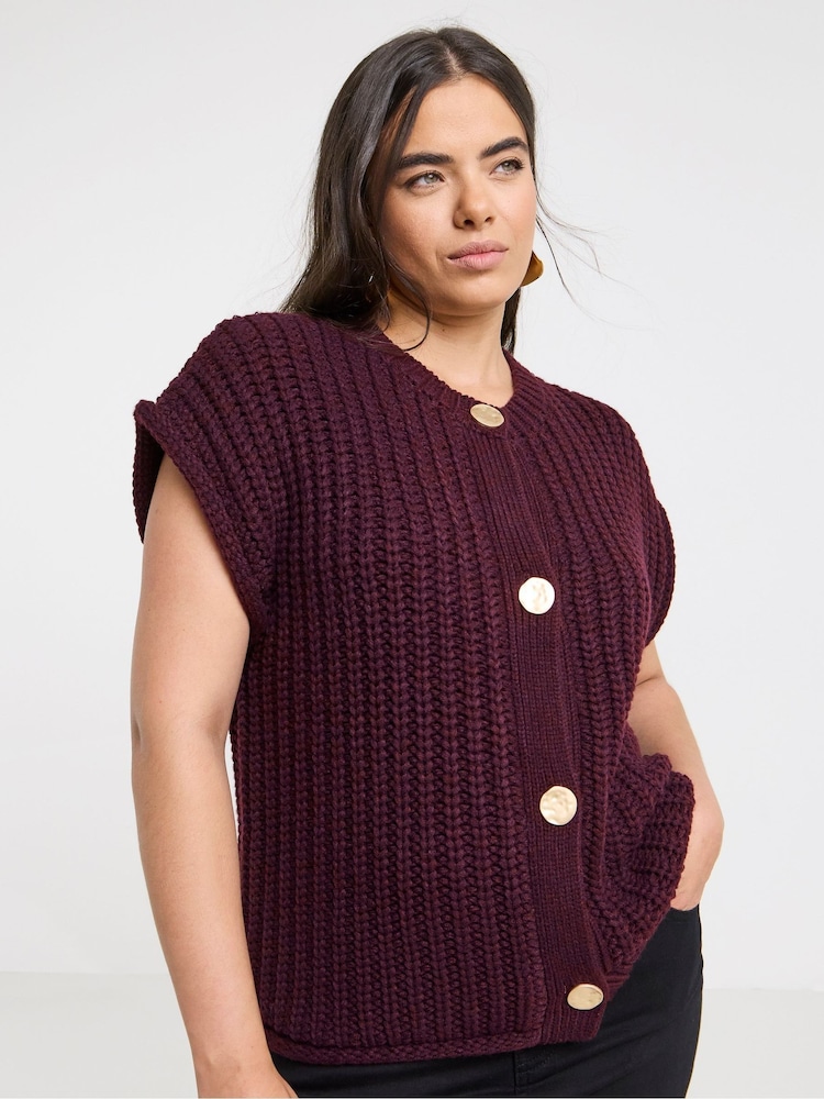 Simply Be Red Chunky Knit Button Through Vest - Image 1 of 4